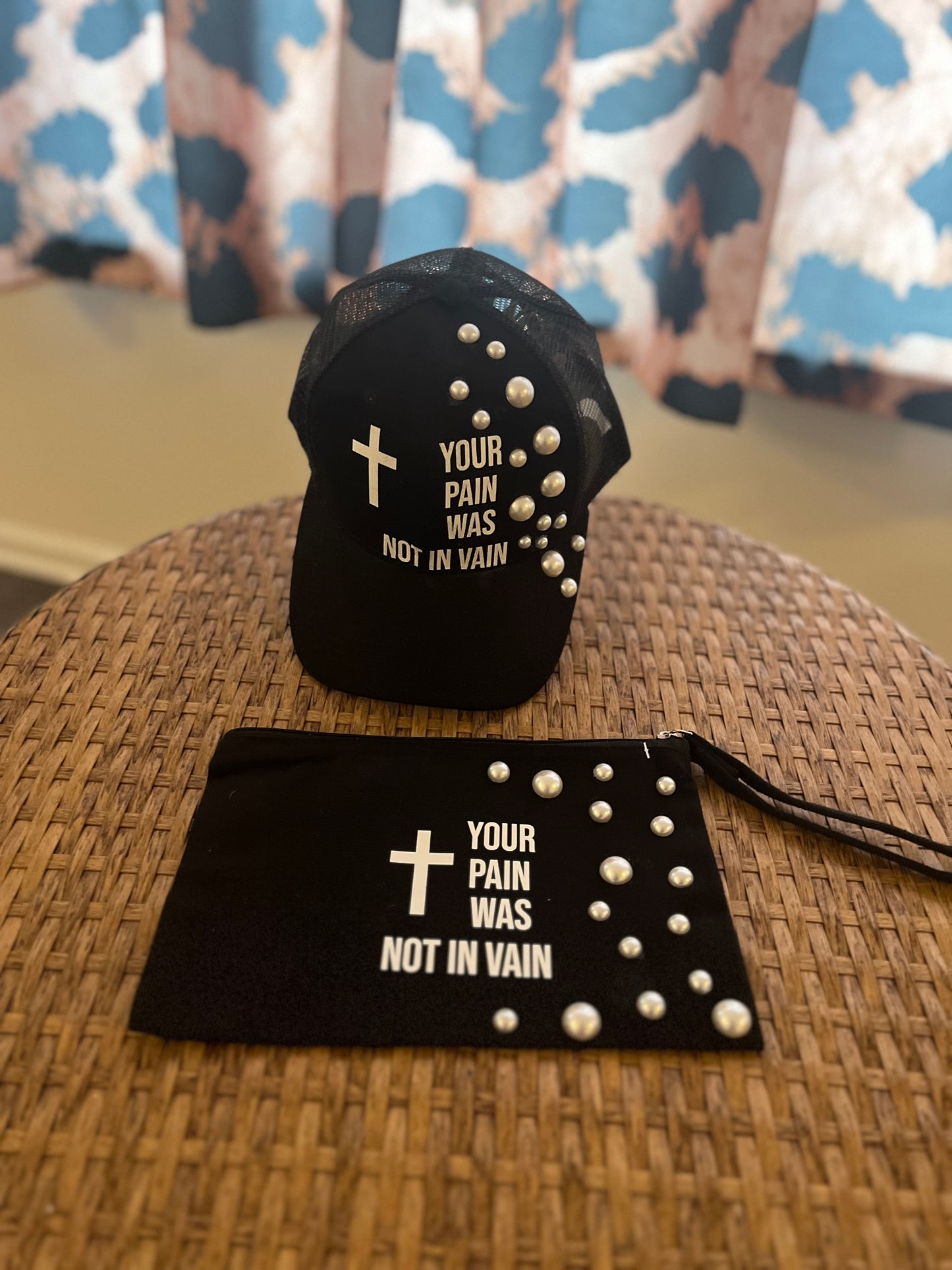 “Your Pain was not in vain “ hat & cosmetics bag with pearls