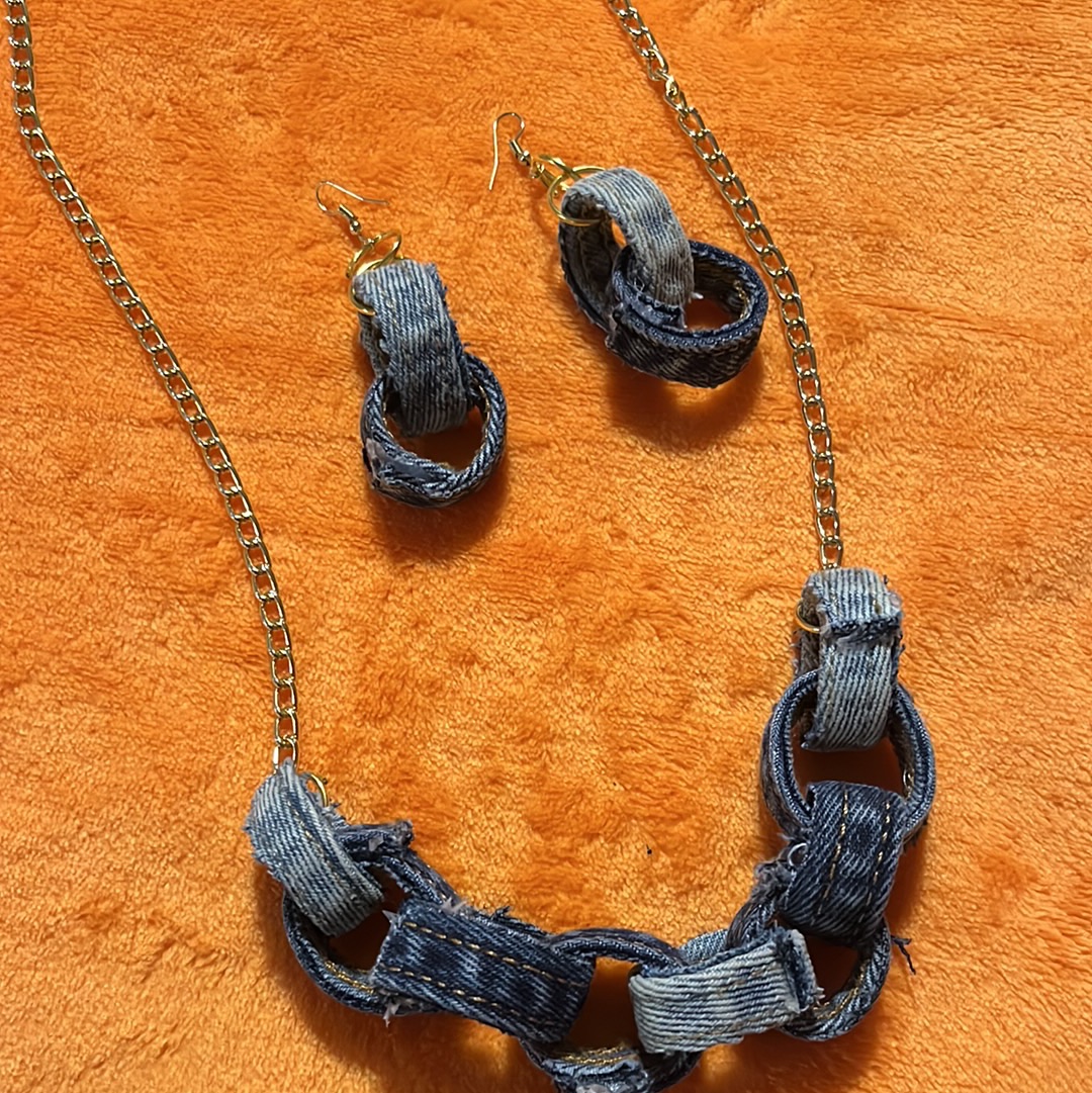 Denim earrings and necklace