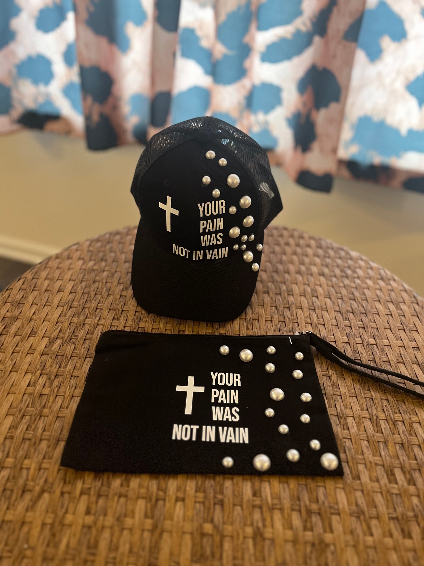 “Your Pain was not in vain “ hat & cosmetics bag with pearls