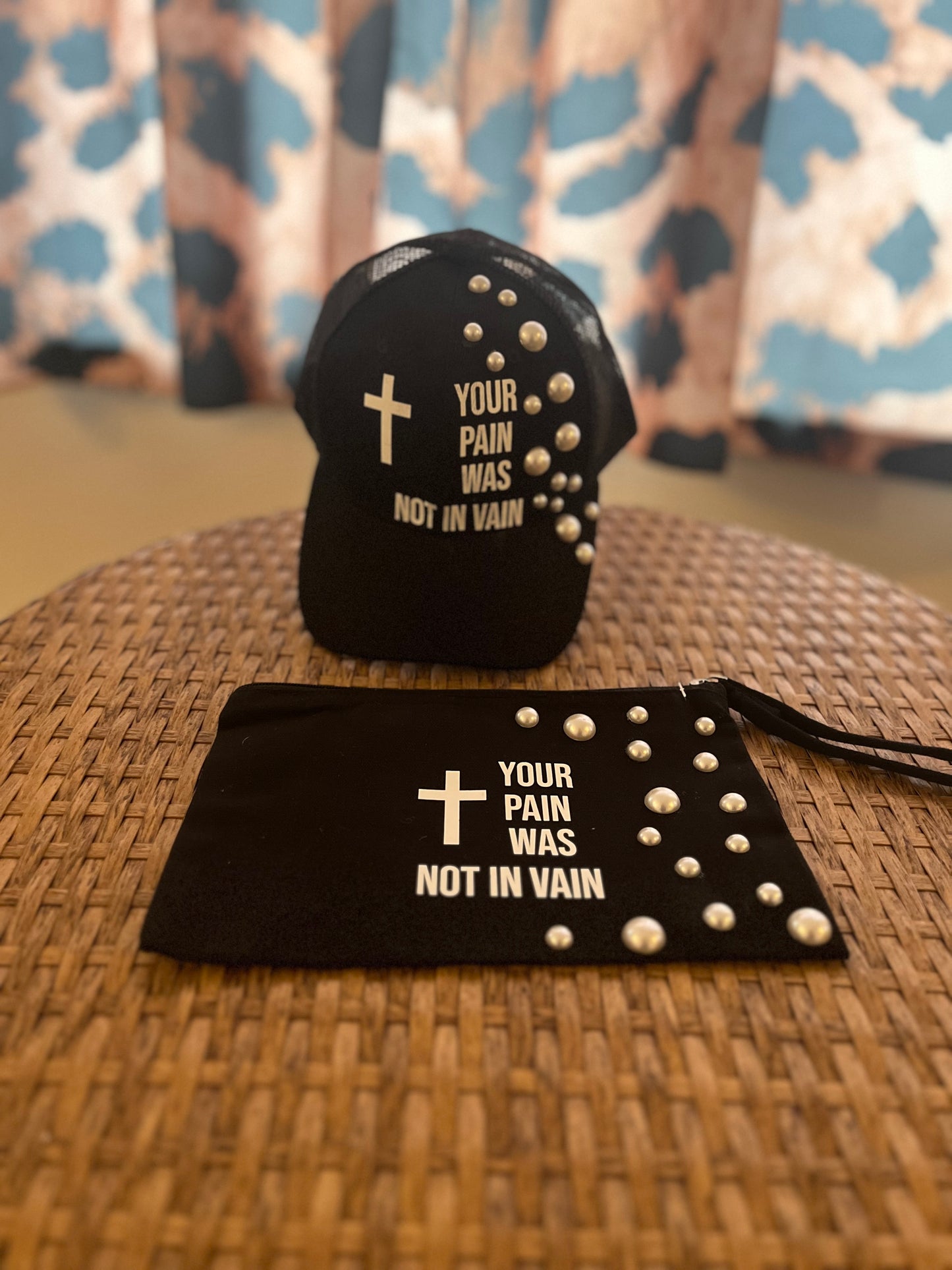 “Your Pain was not in vain “ hat & cosmetics bag with pearls