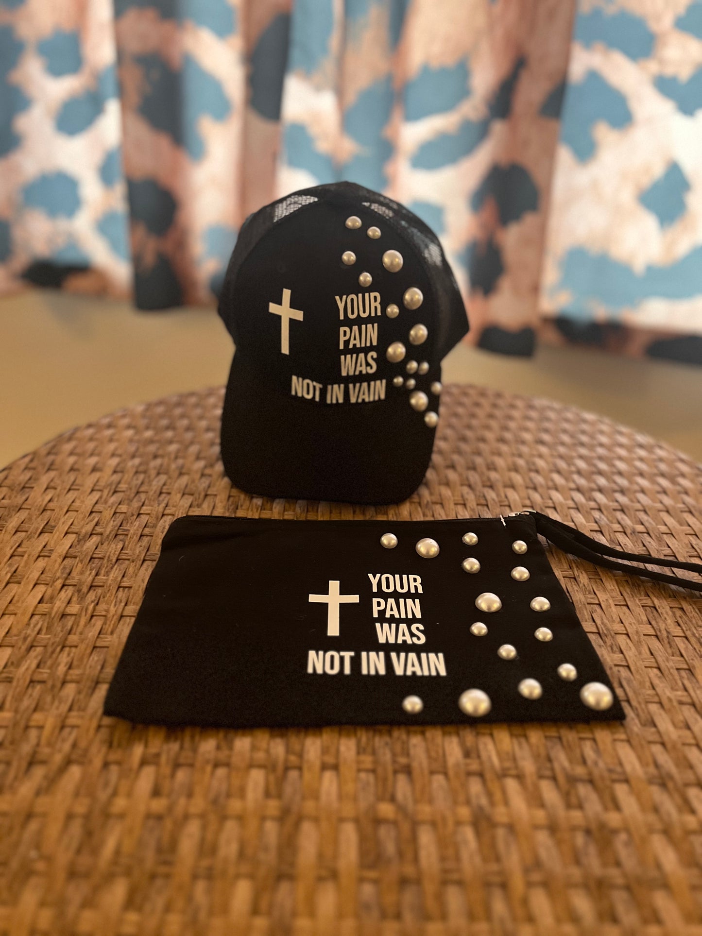 “Your Pain was not in vain “ hat & cosmetics bag with pearls