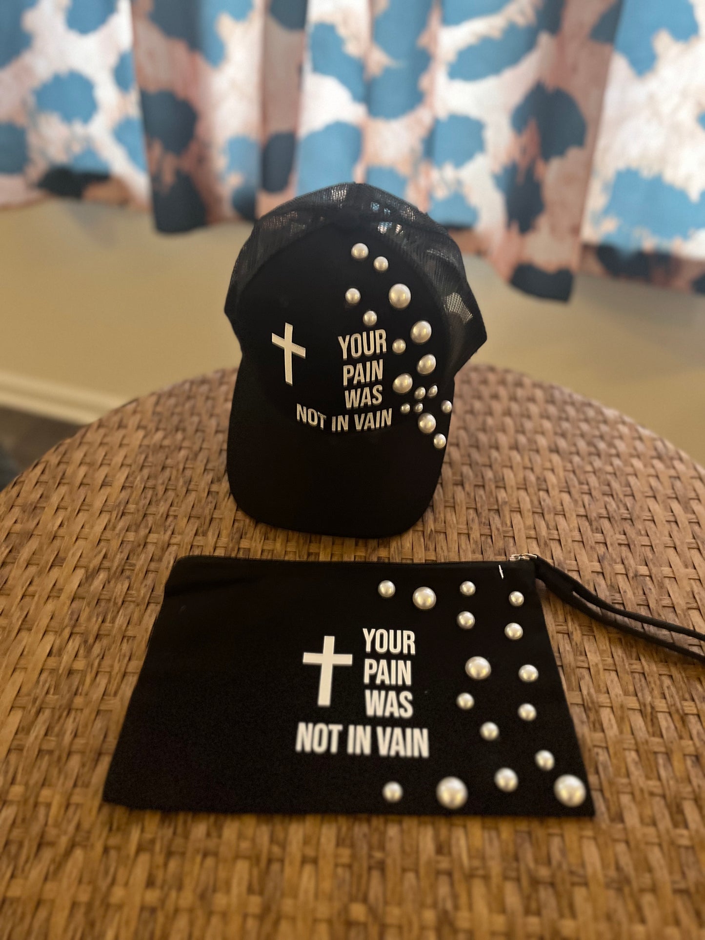 “Your Pain was not in vain “ hat & cosmetics bag with pearls