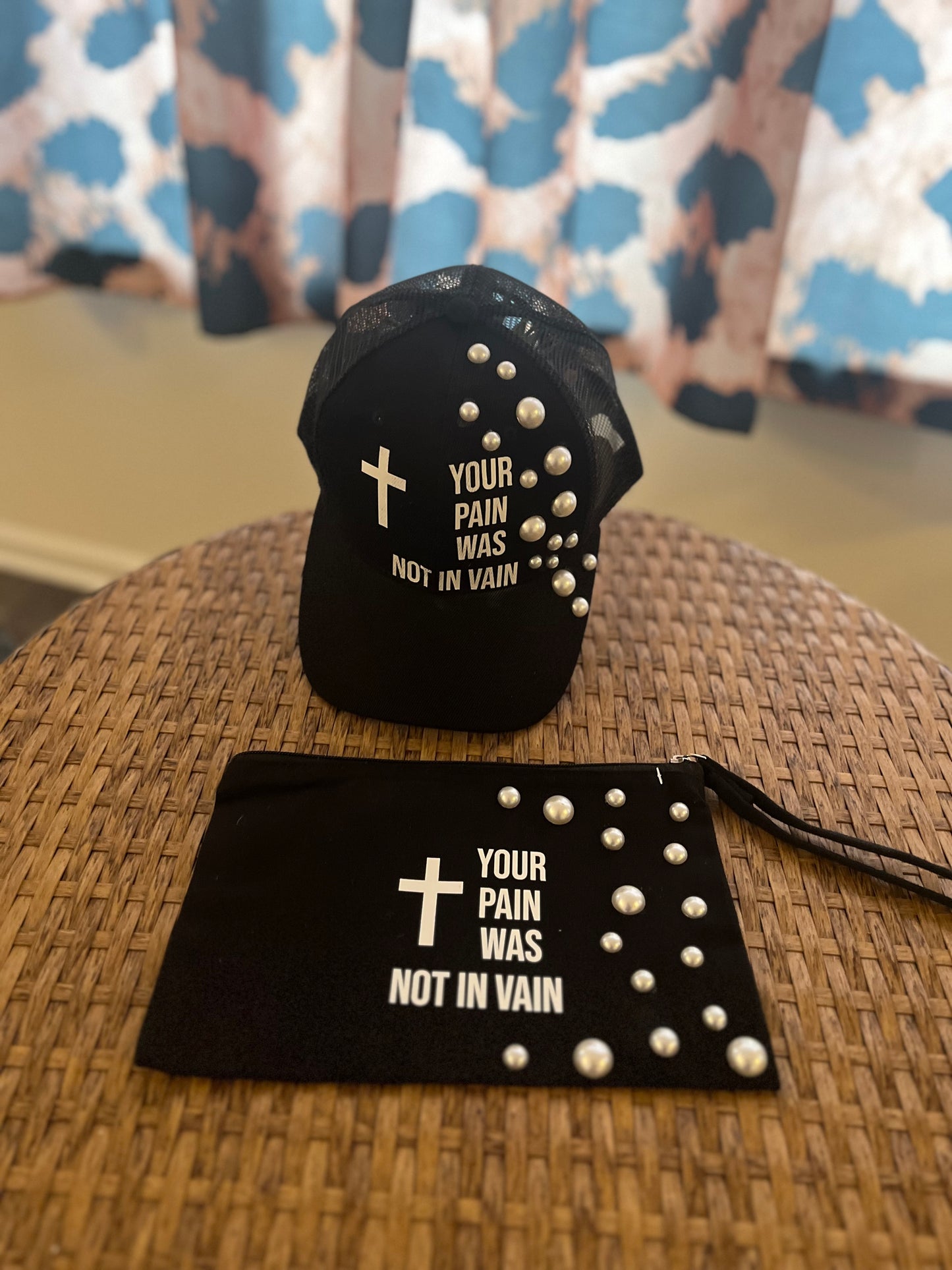 “Your Pain was not in vain “ hat & cosmetics bag with pearls